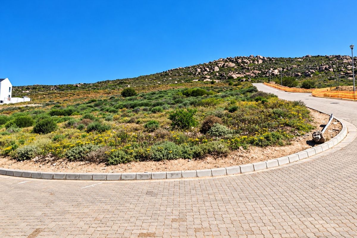 A view of a paved street and curb infrastructure bordering a natural, rocky hillside landscape in a residential estate.