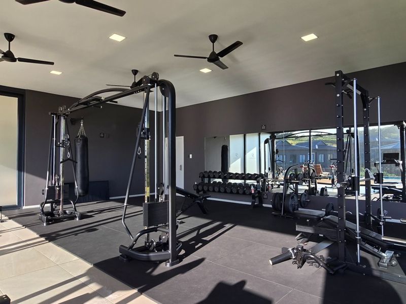 A modern, well-equipped home gym featuring recessed lighting, ceiling fans, large wall mirrors, and durable rubberized flooring with access to outdoor areas.