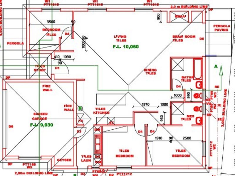 Architectural floor plan showing the layout of a house including bedrooms, bathrooms, kitchen, living areas, garage, and outdoor braai room.
