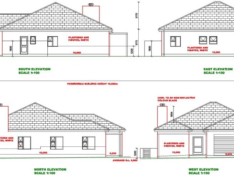 Architectural elevation drawings showing the south, east, north, and west views of the proposed house design.