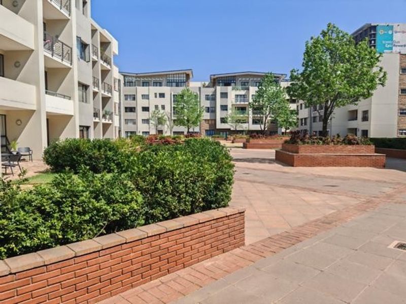 A well-maintained communal courtyard area featuring brick planter boxes, paved walkways, and landscaped garden beds between multi-story townhouse residential blocks.