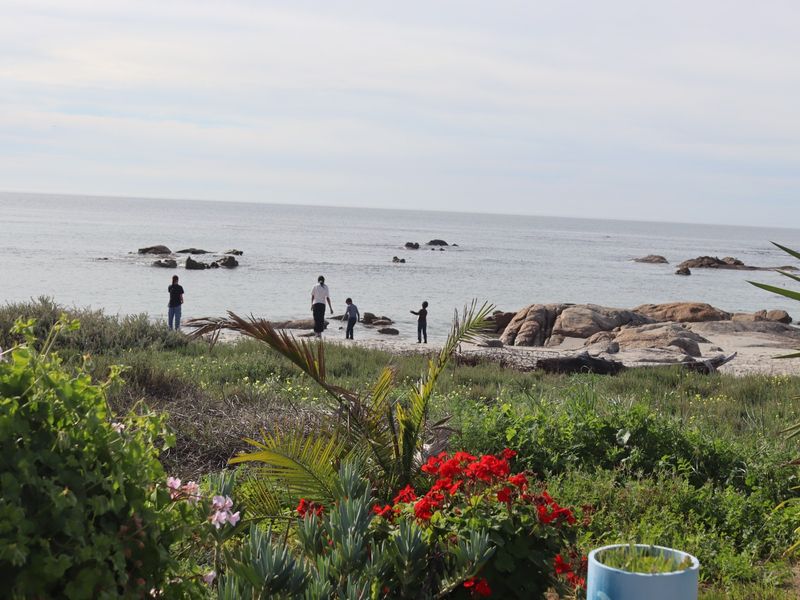 A scenic view of the coastal landscape featuring a sandy beach, rocky shoreline, and ocean horizon.