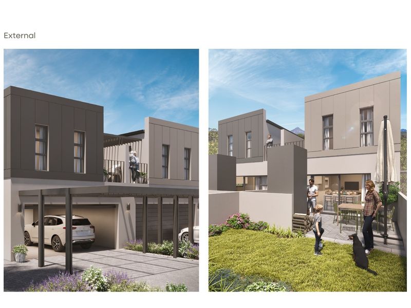 A modern two-story residential property featuring a covered carport, upper-level balcony, and a private rear garden with paved patio area.