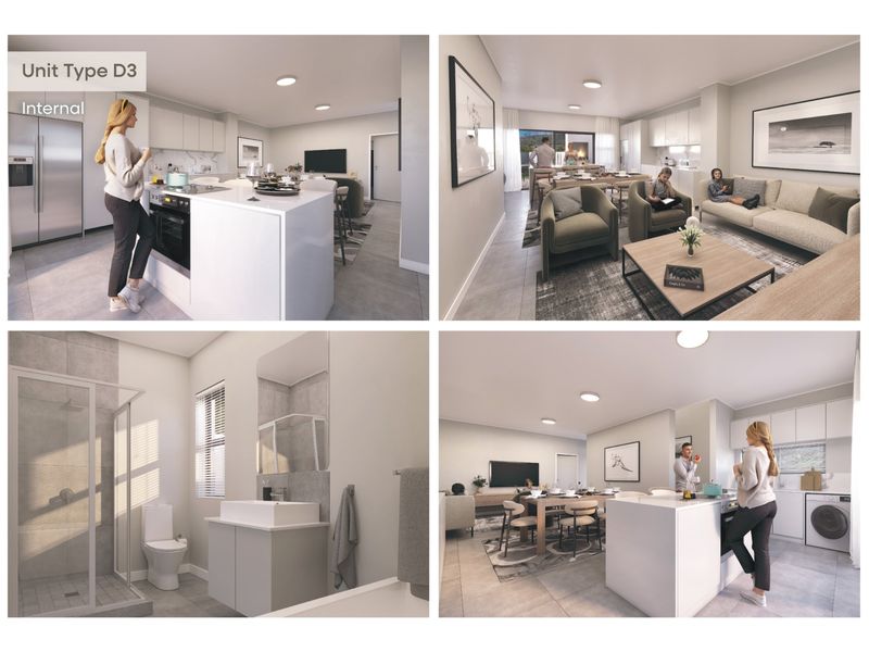 A composite image showcasing interior renders of a modern residential unit, featuring an open-plan kitchen, living area, and a contemporary bathroom.