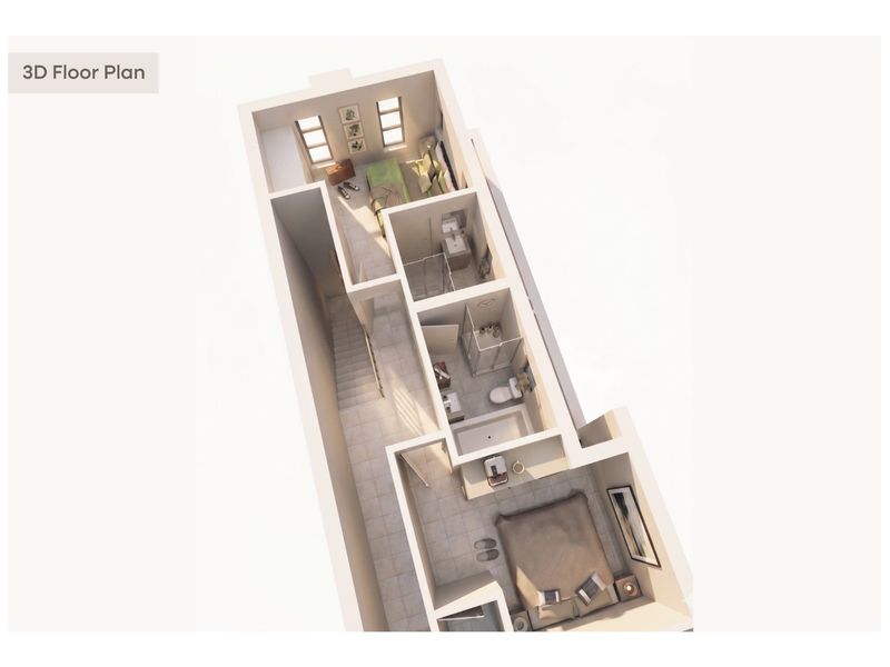 A 3D floor plan rendering illustrating the layout of a multi-room residential property, including bedrooms, bathrooms, and a central staircase.