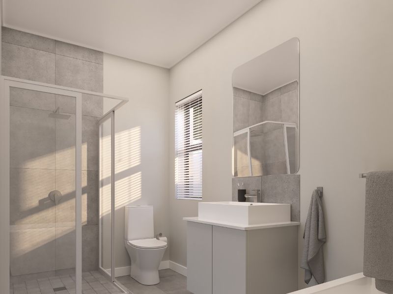 Modern, well-lit bathroom featuring a walk-in shower, floating vanity with basin, and neutral grey tiling throughout.