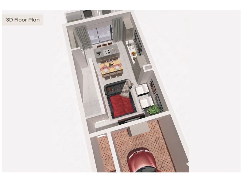 A 3D floor plan rendering showing an open-plan living and kitchen area with an adjacent staircase and a paved driveway.