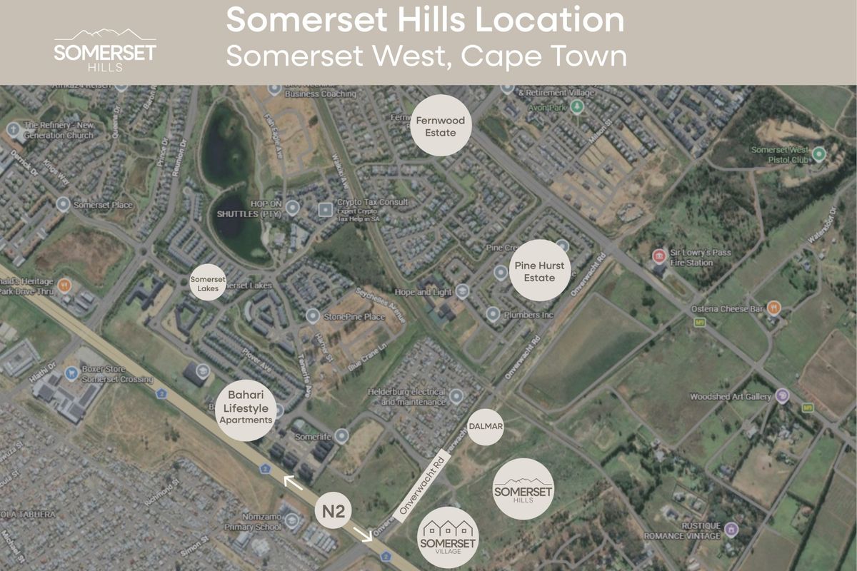 An aerial map view showing the location of Somerset Hills in Somerset West, Cape Town, highlighting surrounding estates and major road infrastructure.