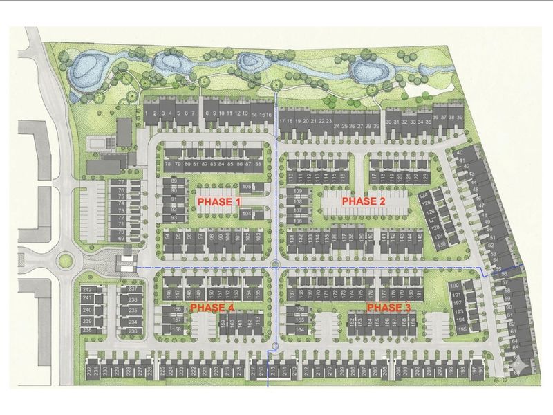 A comprehensive site development plan illustrating the layout of residential units across four distinct phases within the estate.