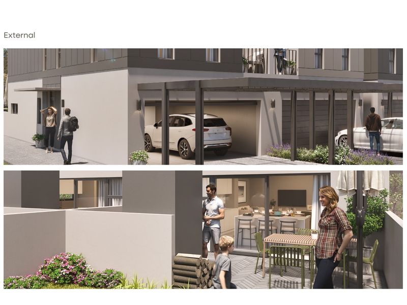 A modern residential exterior featuring a covered carport, paved driveway, and a private patio area with sliding glass doors leading into the home.