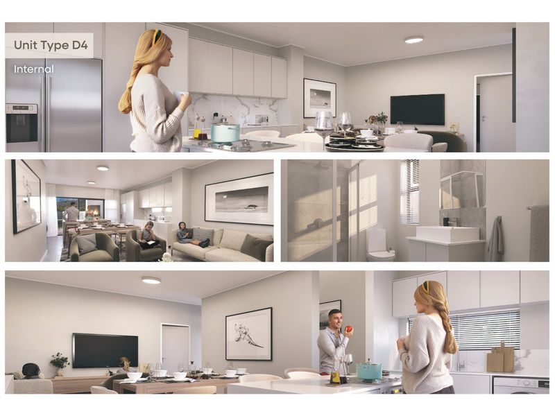 A composite view of a modern open-plan living and kitchen area alongside a contemporary bathroom, showcasing high-end finishes and functional design.