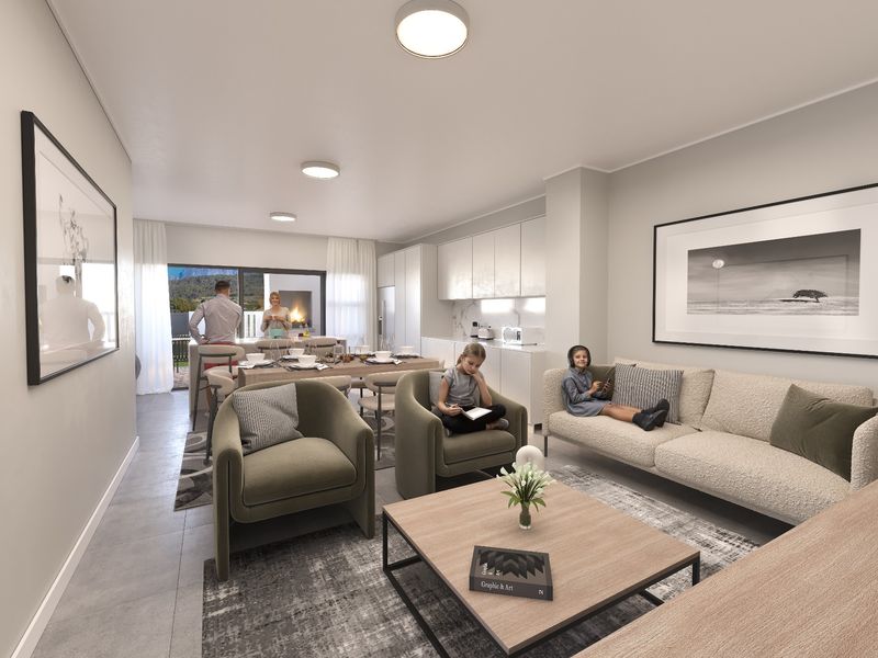Modern open-plan living and kitchen area featuring sleek cabinetry, stone countertops, tiled floors, and seamless access to an outdoor patio space.