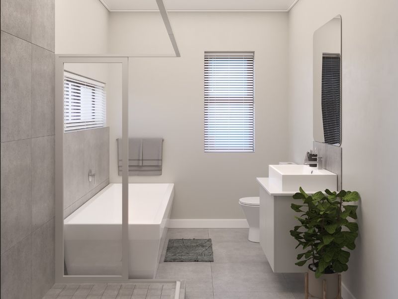 Modern bathroom featuring a walk-in shower, built-in bathtub, wall-mounted vanity with basin, and neutral grey tiling throughout.