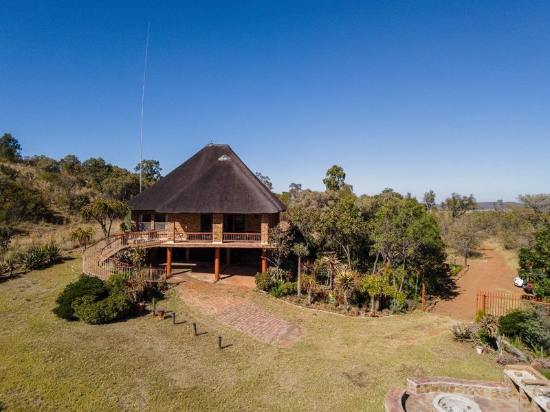 Aerial view of a farm property featuring a raised house with a thatched roof, wrap-around deck, and surrounding natural landscape.