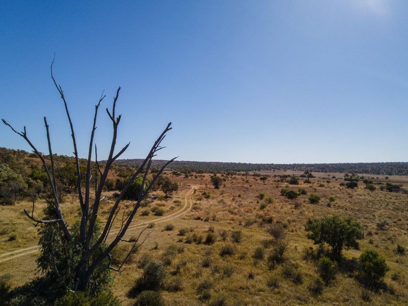 An aerial view of the expansive farm landscape featuring natural vegetation and a dirt access track.