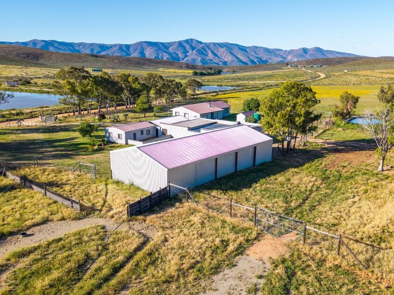 Aerial view of a farm property featuring a large corrugated metal shed, farmhouse, and surrounding agricultural land with mountain views.