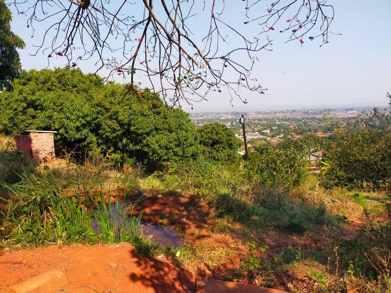 A scenic elevated view overlooking the surrounding landscape and residential area, featuring natural vegetation and a small brick structure.