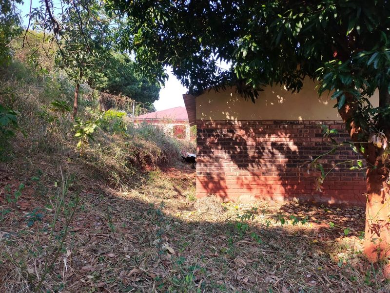 A view of the rear exterior of the property featuring an exposed brick wall and sloped, unmaintained garden area.