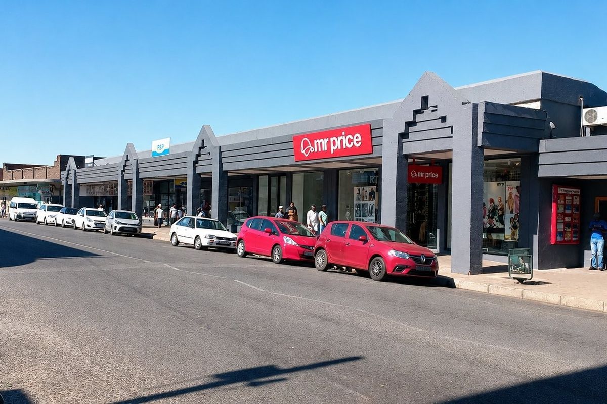 A street-level view of a commercial retail strip featuring multiple storefronts, paved sidewalk, and exterior mounted air conditioning units.