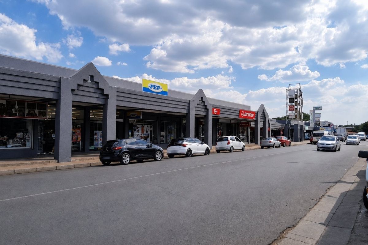 Street-level view of a commercial retail strip center featuring multiple storefronts with prominent signage and a paved pedestrian walkway.