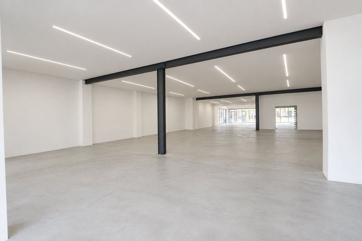 A spacious, modern open-plan commercial area featuring polished concrete floors, exposed steel structural beams, and sleek recessed linear lighting throughout.