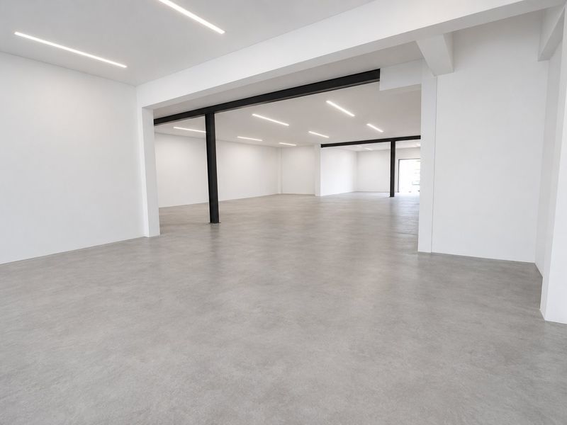 A spacious, modern open-plan commercial area featuring polished concrete floors, clean white walls, and exposed structural steel beams with integrated linear lighting.