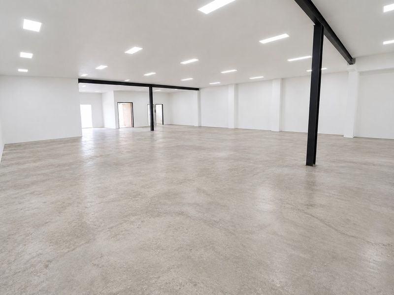 A spacious, open-plan commercial interior featuring polished concrete floors, high ceilings with recessed LED lighting, and structural steel support columns.