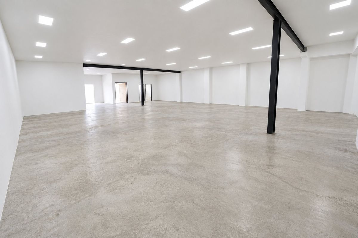 A spacious, open-plan commercial interior featuring polished concrete floors, high ceilings with recessed LED lighting, and structural steel support columns.