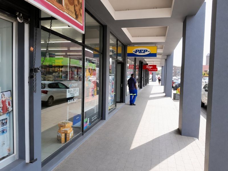 A commercial retail walkway featuring paved flooring, structural pillars, and glass storefronts for multiple retail units.