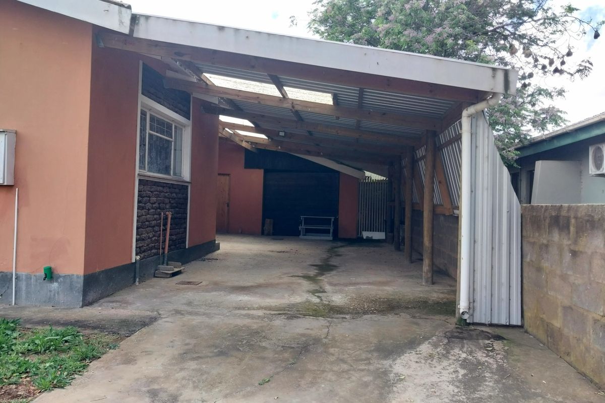 A rear exterior view showing a concrete driveway covered by a basic timber and corrugated metal carport structure attached to the house.