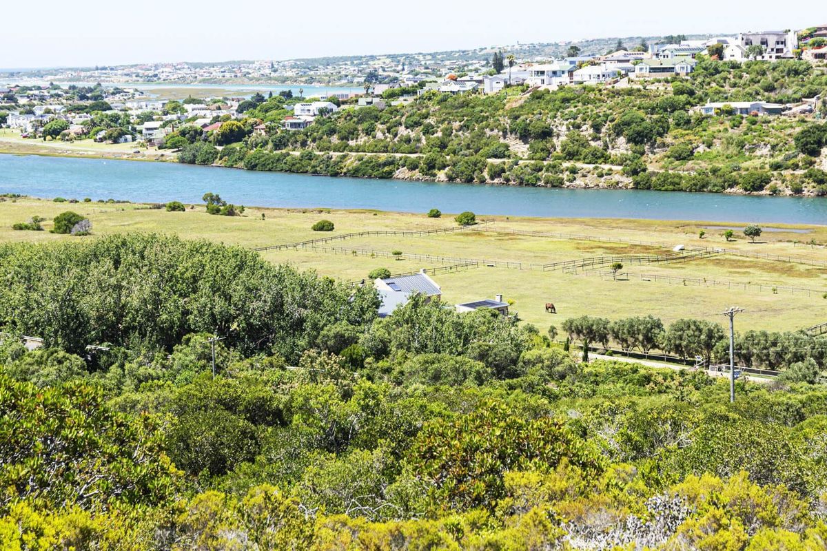 A scenic elevated view overlooking a river, open pasture land, and surrounding residential development.