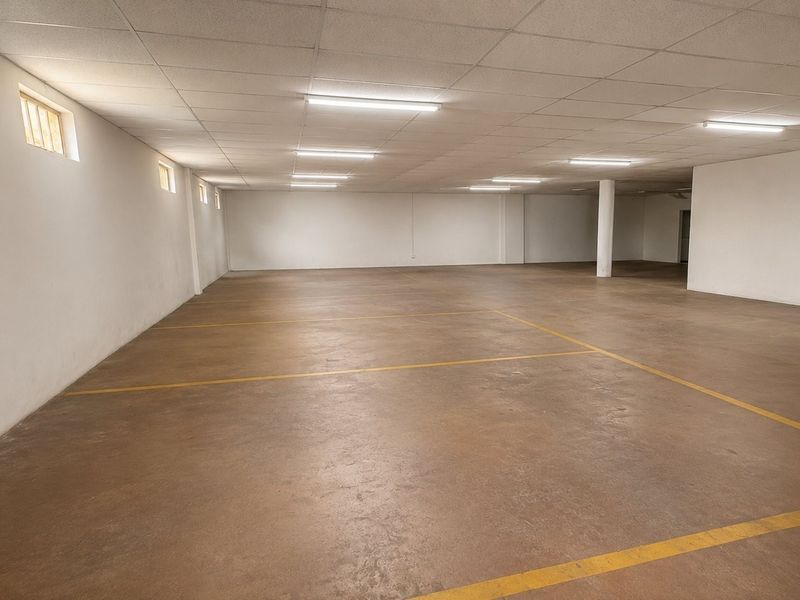 A spacious, open-plan utility or storage area featuring a concrete floor, suspended ceiling, and functional fluorescent lighting, suitable for various commercial storage or workspace needs.