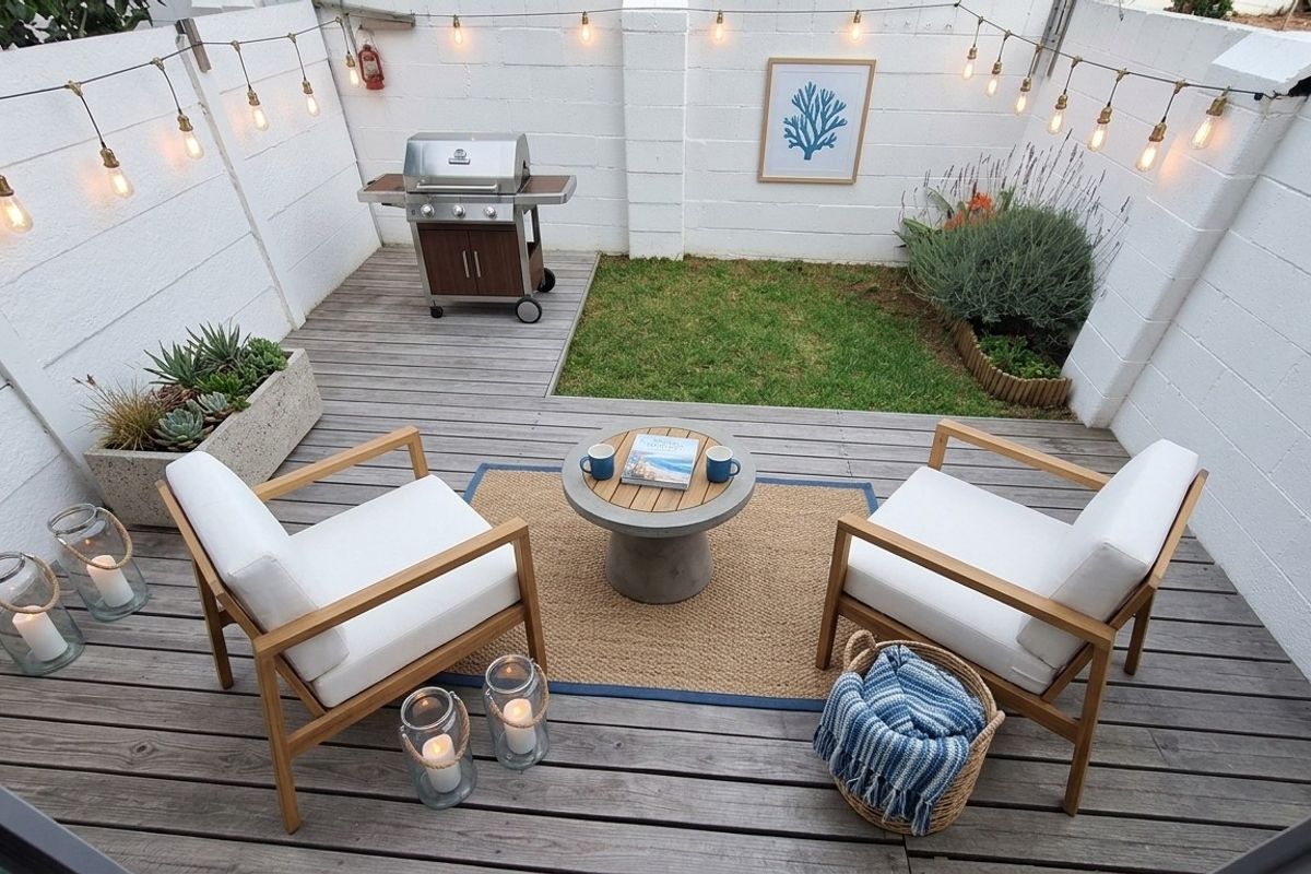 A private courtyard featuring timber decking, a small lawn area, and perimeter cinder block walls with integrated string lighting.