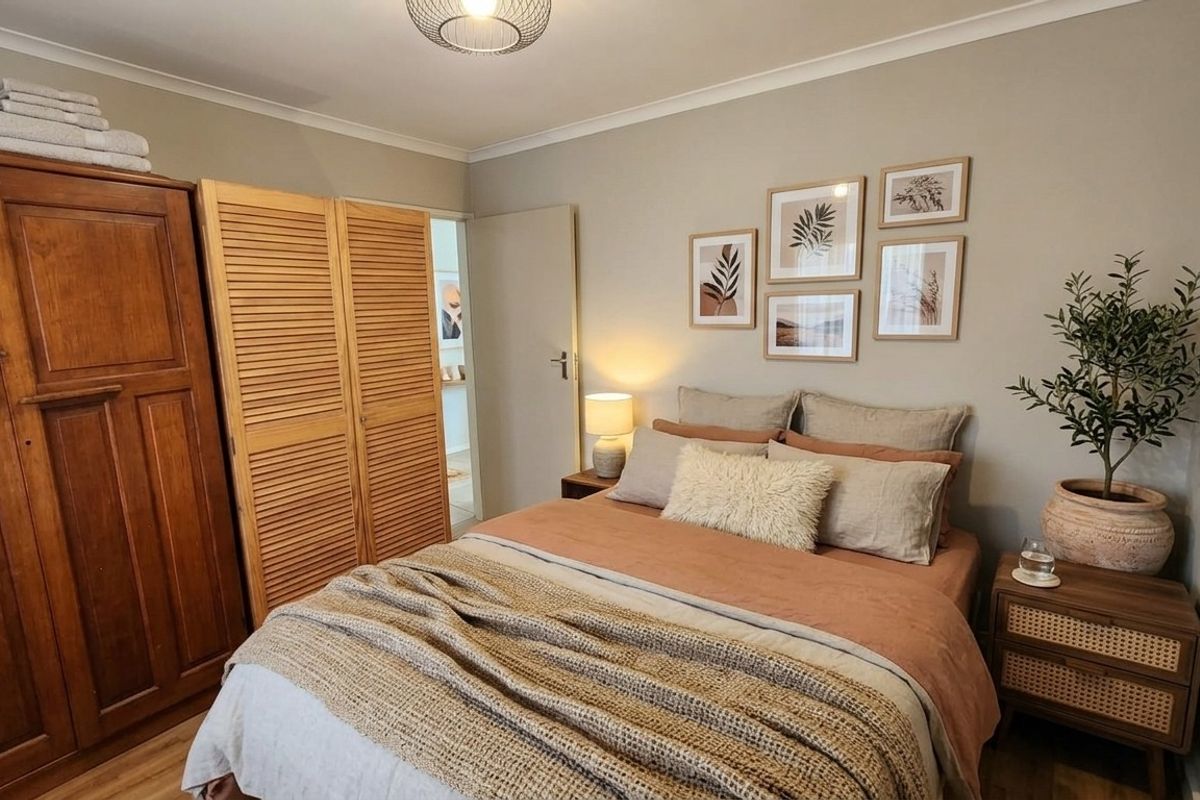A well-presented bedroom featuring built-in wardrobes with louvered doors, neutral wall tones, and durable laminate flooring.