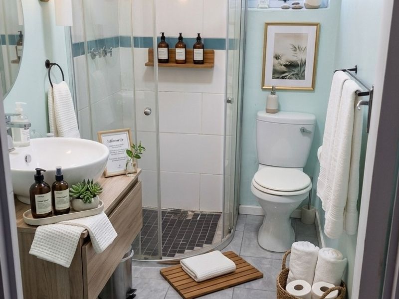 A well-maintained bathroom featuring a modern floating vanity, vessel sink, and a curved glass shower enclosure with contemporary fixtures.