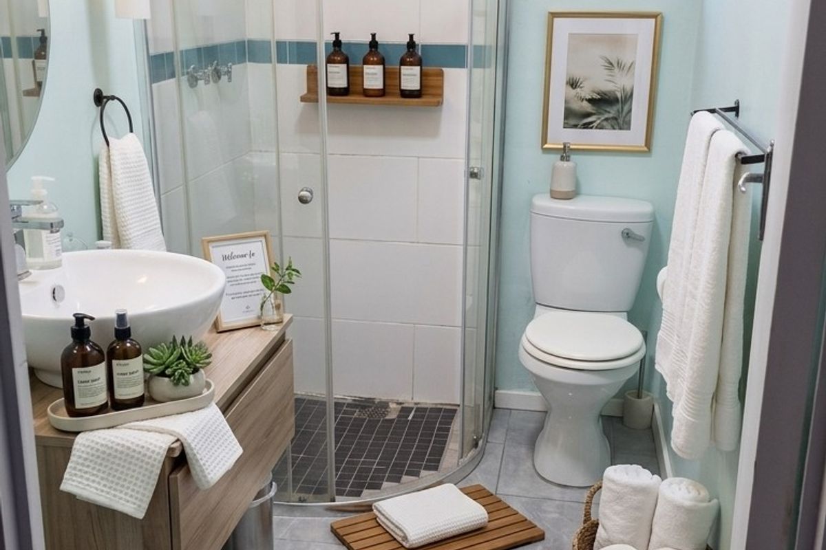 A well-maintained bathroom featuring a modern floating vanity, vessel sink, and a curved glass shower enclosure with contemporary fixtures.