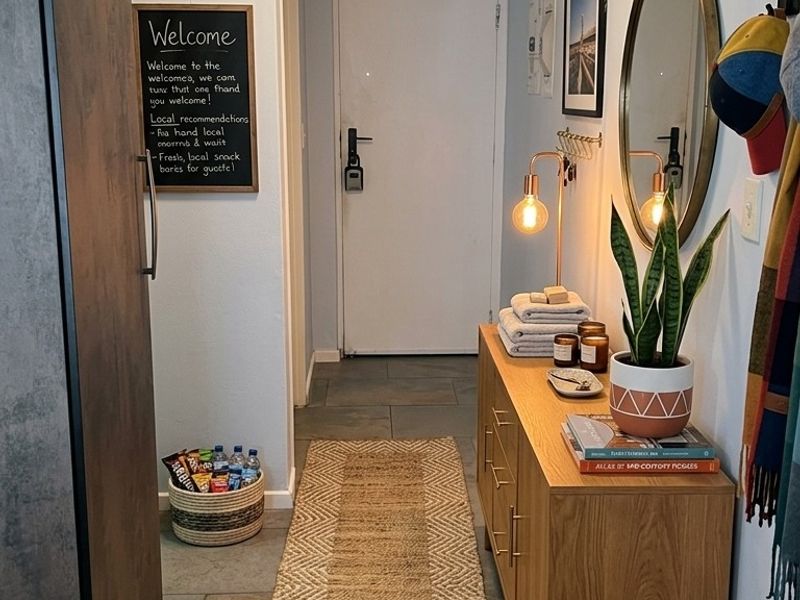A well-maintained apartment entryway featuring tiled flooring, a modern flush mount ceiling light, and a secure entrance door.