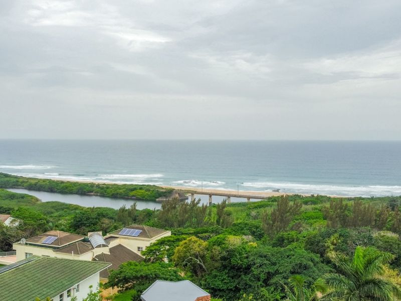 Elevated coastal view overlooking the ocean, river estuary, and bridge, featuring surrounding residential properties with solar installations.