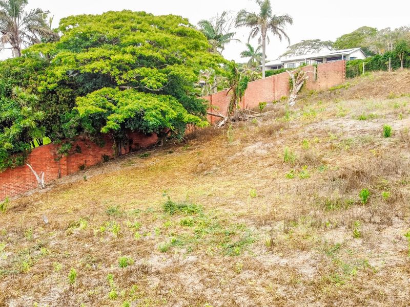 A sloped residential vacant land plot featuring a brick boundary wall and established trees, offering potential for development.