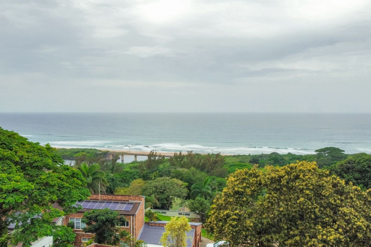 Elevated coastal view overlooking lush greenery, a bridge, and the ocean, featuring residential properties with solar panel installations.
