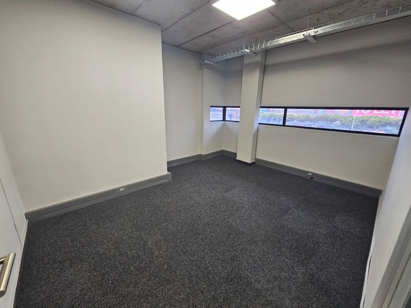 A clean, modern office space featuring exposed concrete ceilings, carpeted flooring, and horizontal strip windows providing natural light.