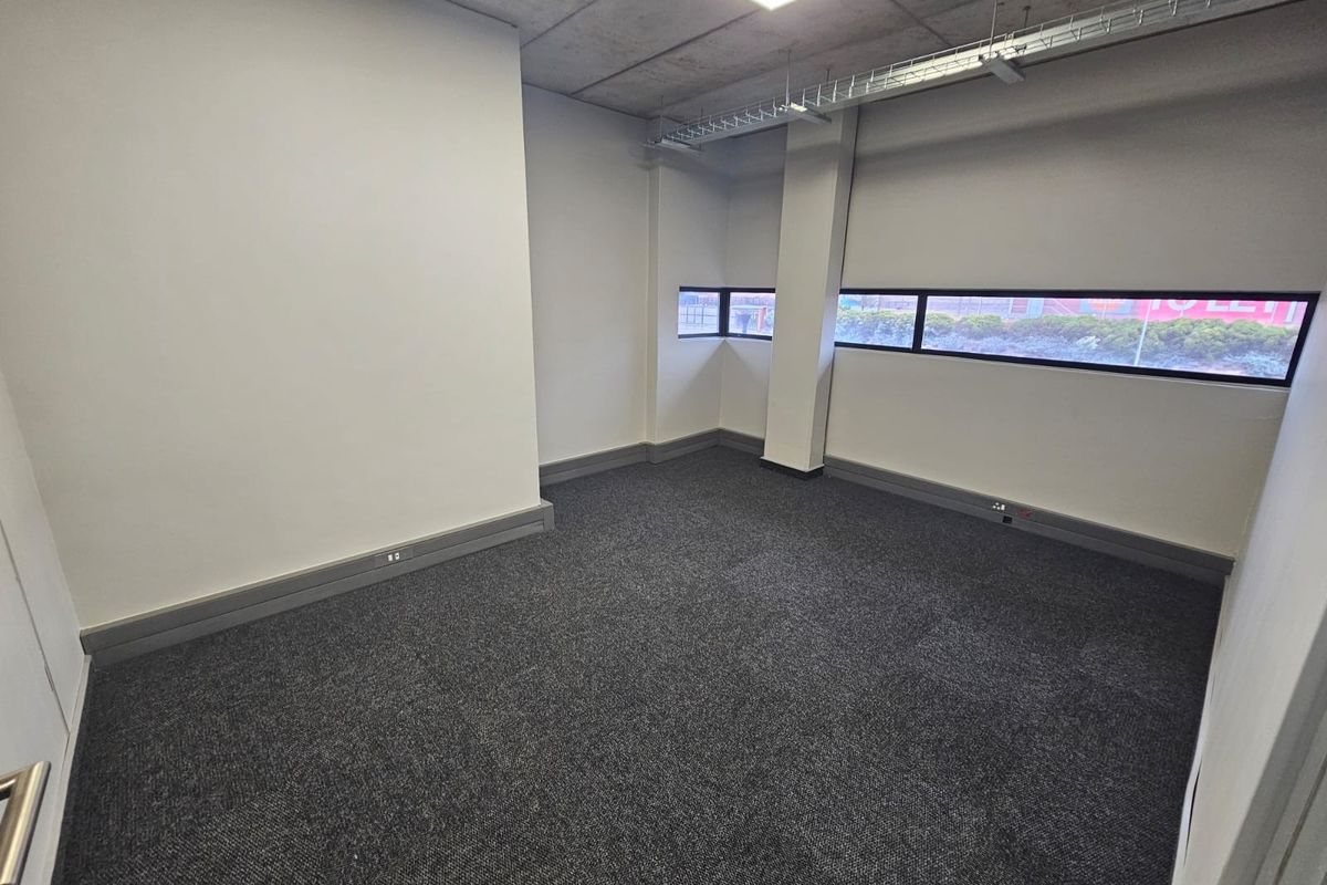 A clean, modern office space featuring exposed concrete ceilings, carpeted flooring, and horizontal strip windows providing natural light.