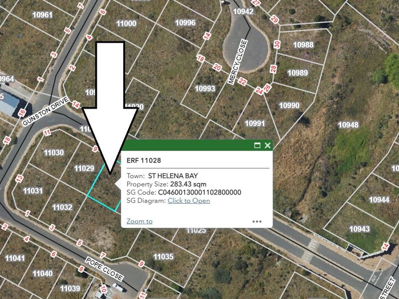 An aerial map view showing the location and boundaries of Erf 11028 in St Helena Bay, highlighting the property size and surrounding street layout.
