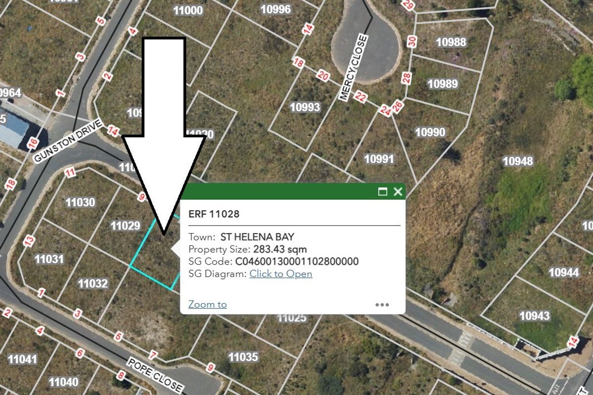 An aerial map view showing the location and boundaries of Erf 11028 in St Helena Bay, highlighting the property size and surrounding street layout.