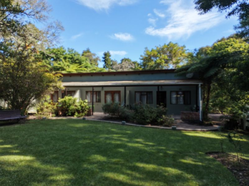 A rear view of the property featuring a covered patio area overlooking a well-maintained garden with mature trees and lawn.