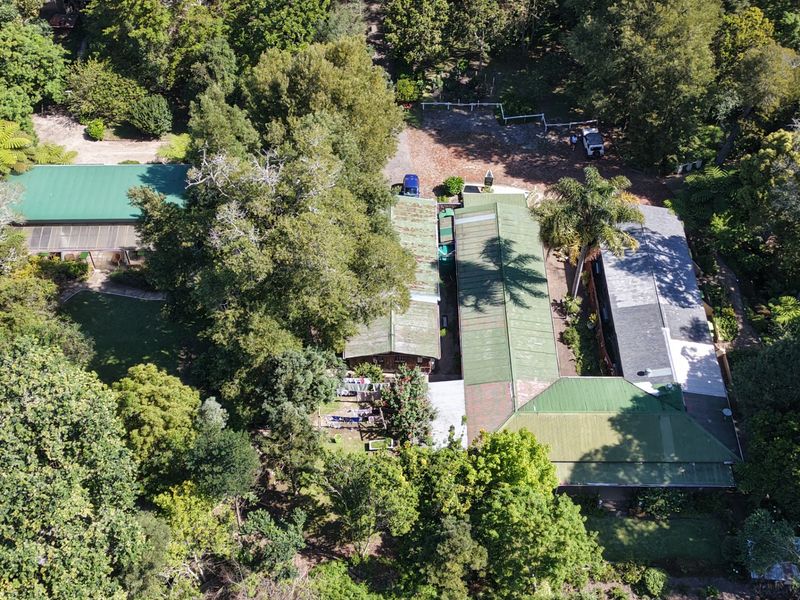 Aerial view of the property showcasing multiple building structures with metal roofing, surrounded by extensive mature trees and landscaped garden areas.