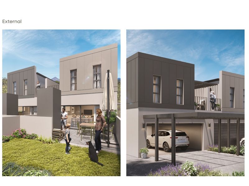 A modern residential exterior featuring a covered carport, paved driveway, and a private garden with a balcony, showcasing contemporary architectural design.