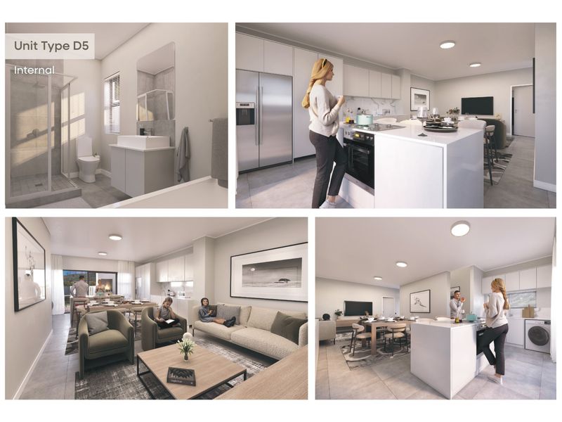 A composite image showing interior views of a modern open-plan living area, kitchen, and bathroom with contemporary finishes and fixtures.