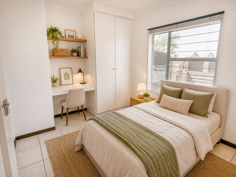 A well-lit bedroom featuring a built-in wardrobe, integrated desk space with floating shelves, and neutral tiled flooring.