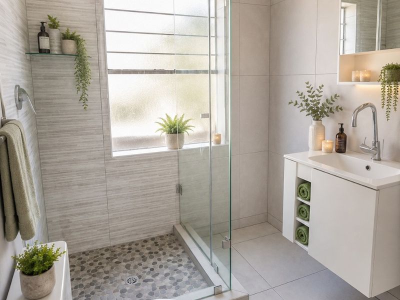 Modern bathroom featuring a walk-in shower with pebble flooring, a wall-mounted vanity with integrated basin, and a sleek medicine cabinet.